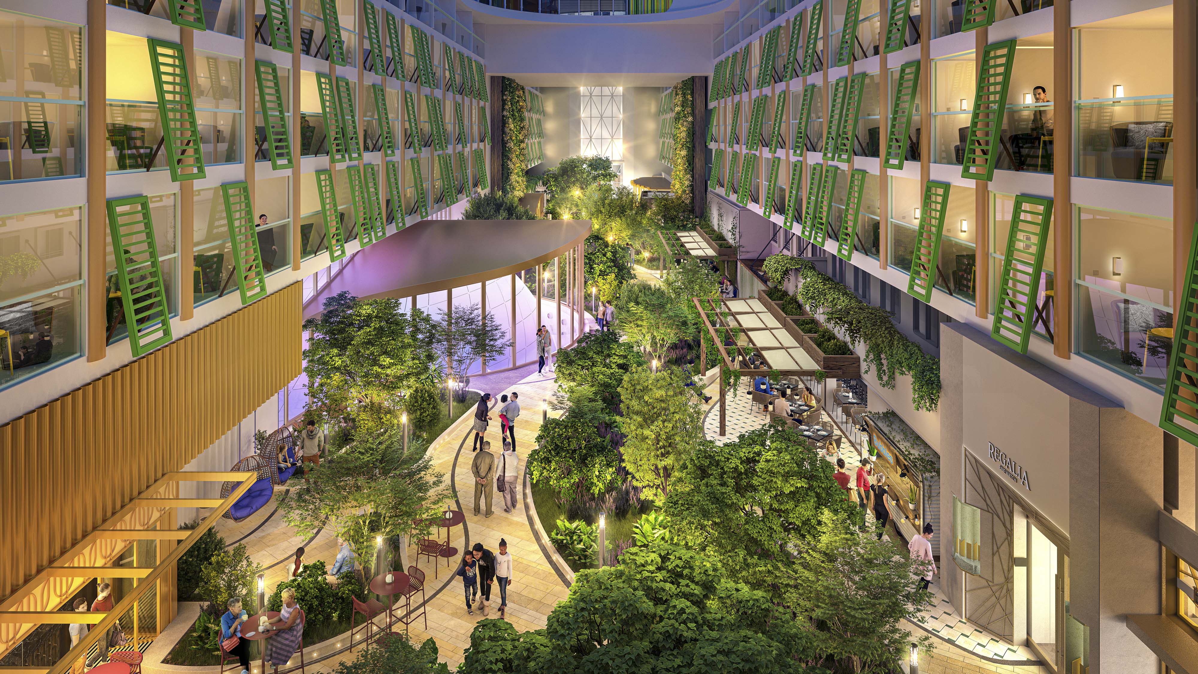 The ship has its own lush green place onboard, with thousands of real plants, dining and live music