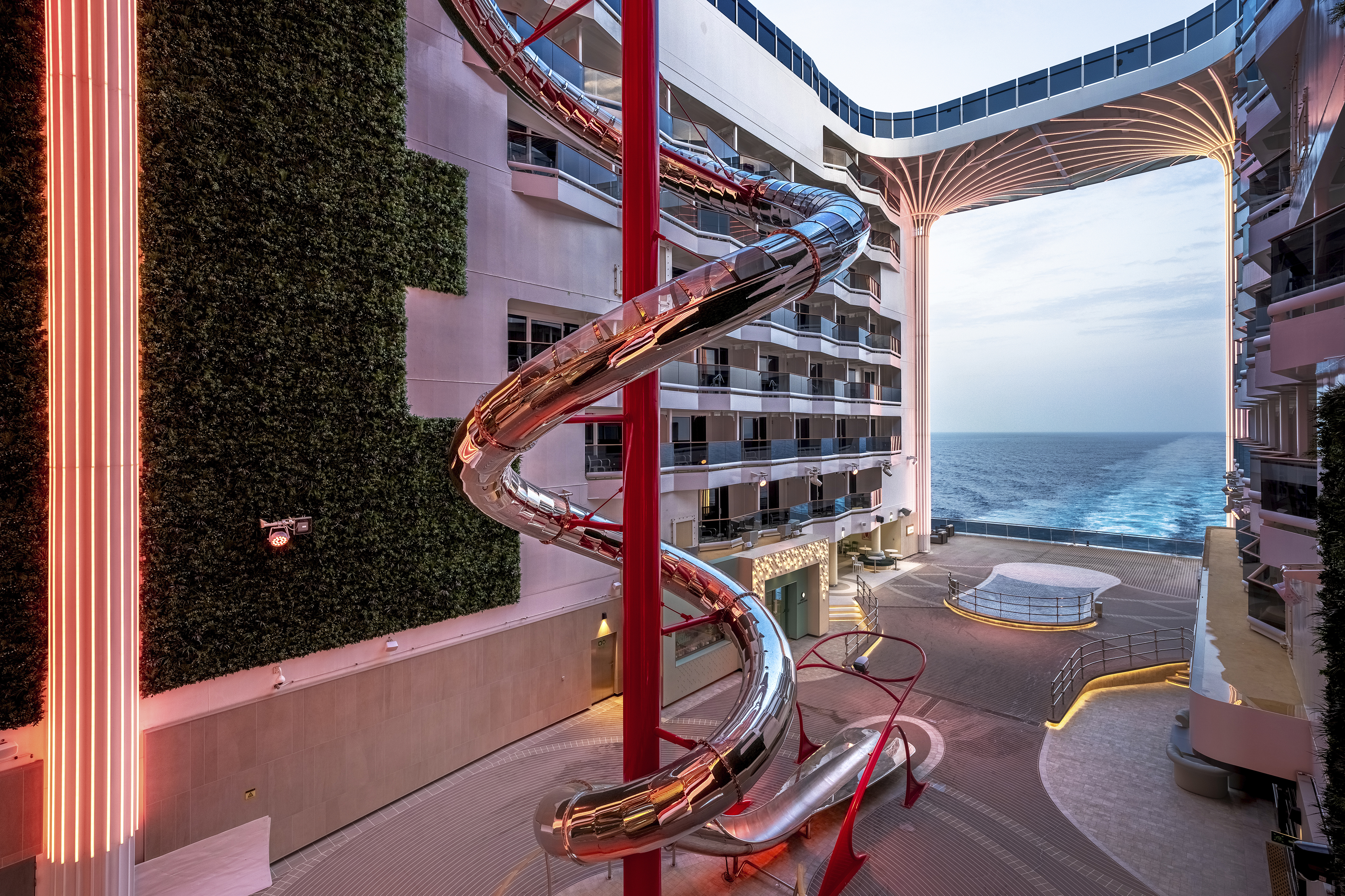 The Spiral which is an 11-deck state-of-the-art slide made of stainless is the centrepiece of the promenade