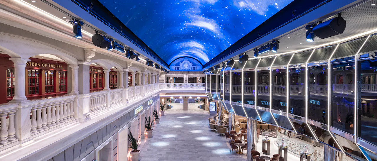The 300 feet long street full of shops, bars and restaurants under a 500 square feet LED screen