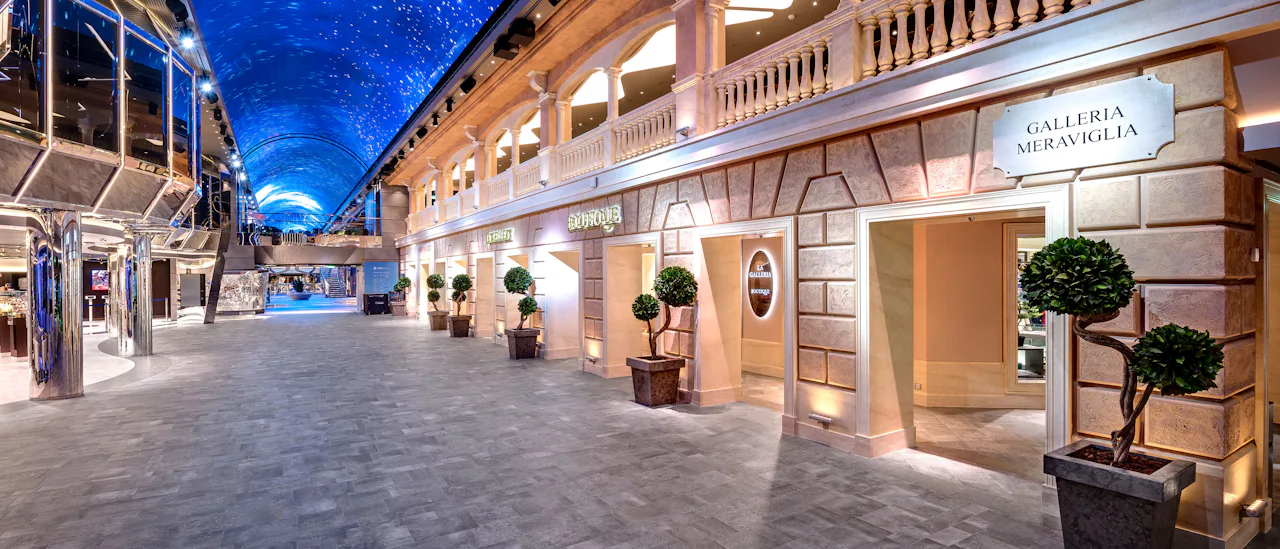 The 300 feet long street full of shops, bars and restaurants under a 500 square feet LED screen