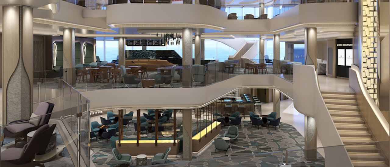 At the heart of the ship is the Penrose Atrium, a three-deck-high space that serves as a gateway to its many restaurants and bars. Designed by Miami-based Studio Dado