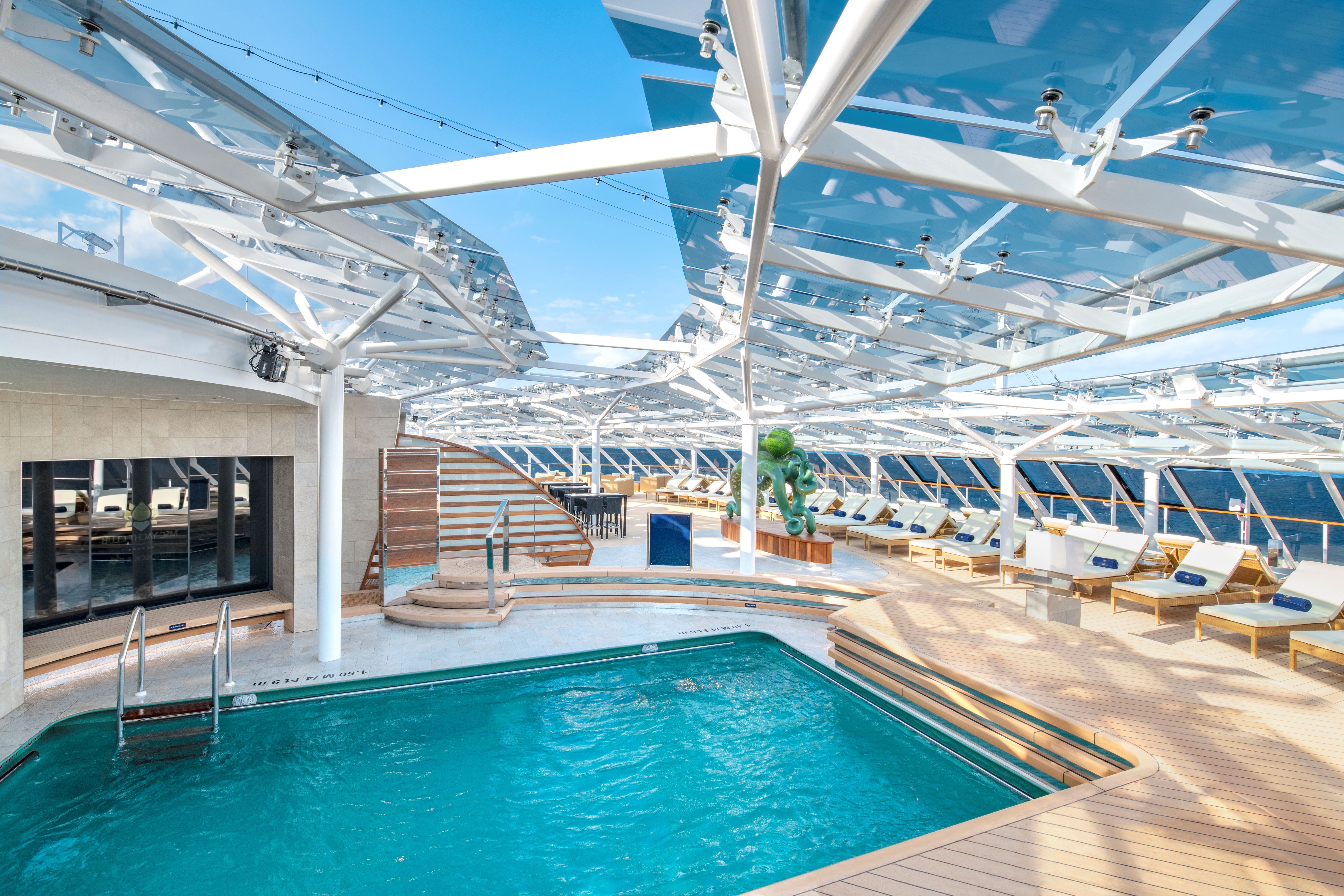 View of the pool and deck on MSC Grandiosa