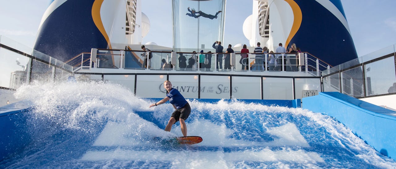 A guest on FlowRider onboard a Royal Caribbean ship